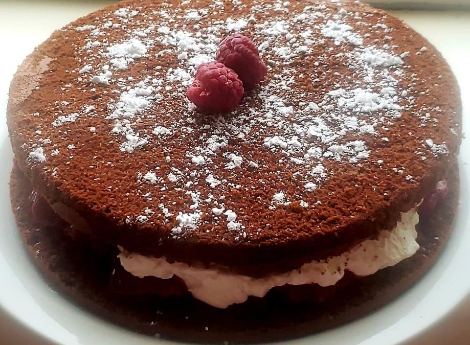 Chocolate Sponge Cake with Raspberries & Cream