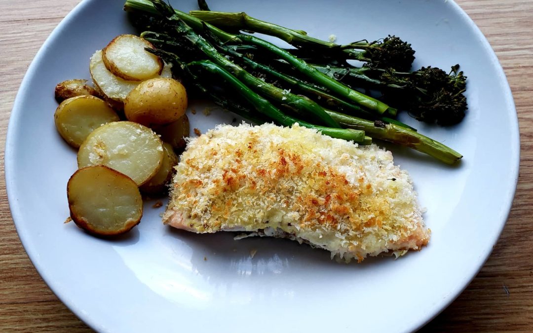 Herb Crusted Salmon served with Roasted Veg & Potato Slices