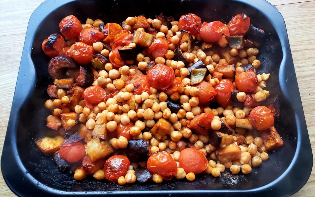 Spicy Roasted Aubergine & Chickpea Tray Bake